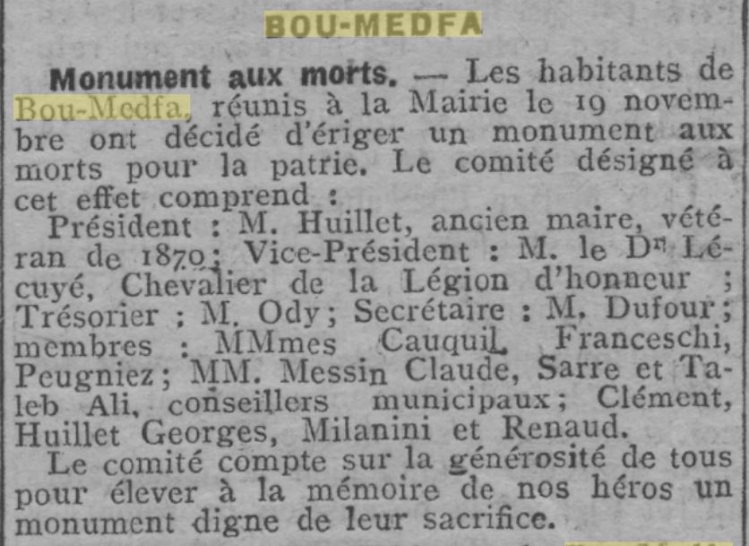 Article de L'Écho d'Alger pour ériger un monument aux morts à Bou-Medfa Article de L'Écho d'Alger pour ériger un monument aux morts à Bou-Medfa