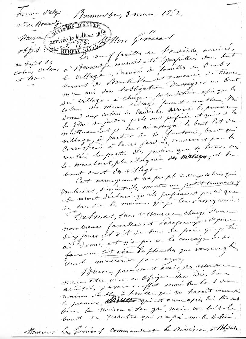 Première page du rapport de l'inspecteur de colonisation