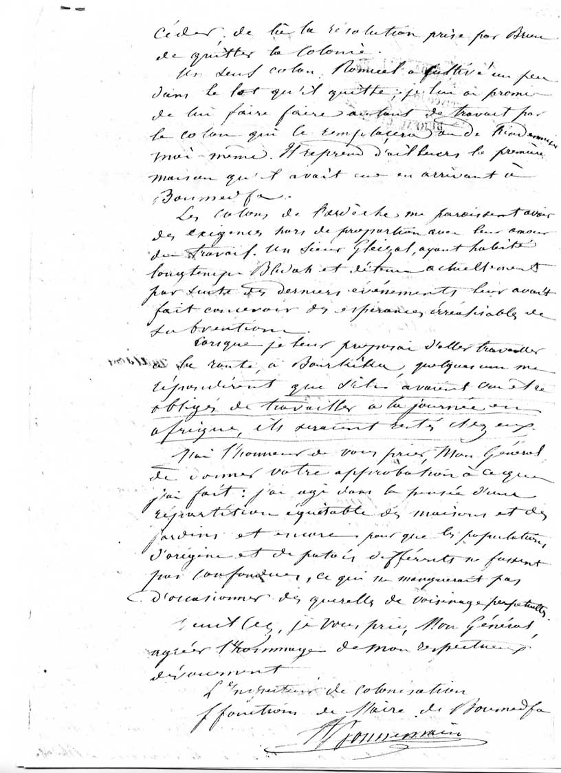 Deuxième page du rapport de l'inspecteur de colonisation