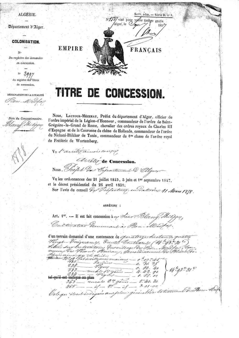 Première page du titre de concession à destination de BLANG Philippe