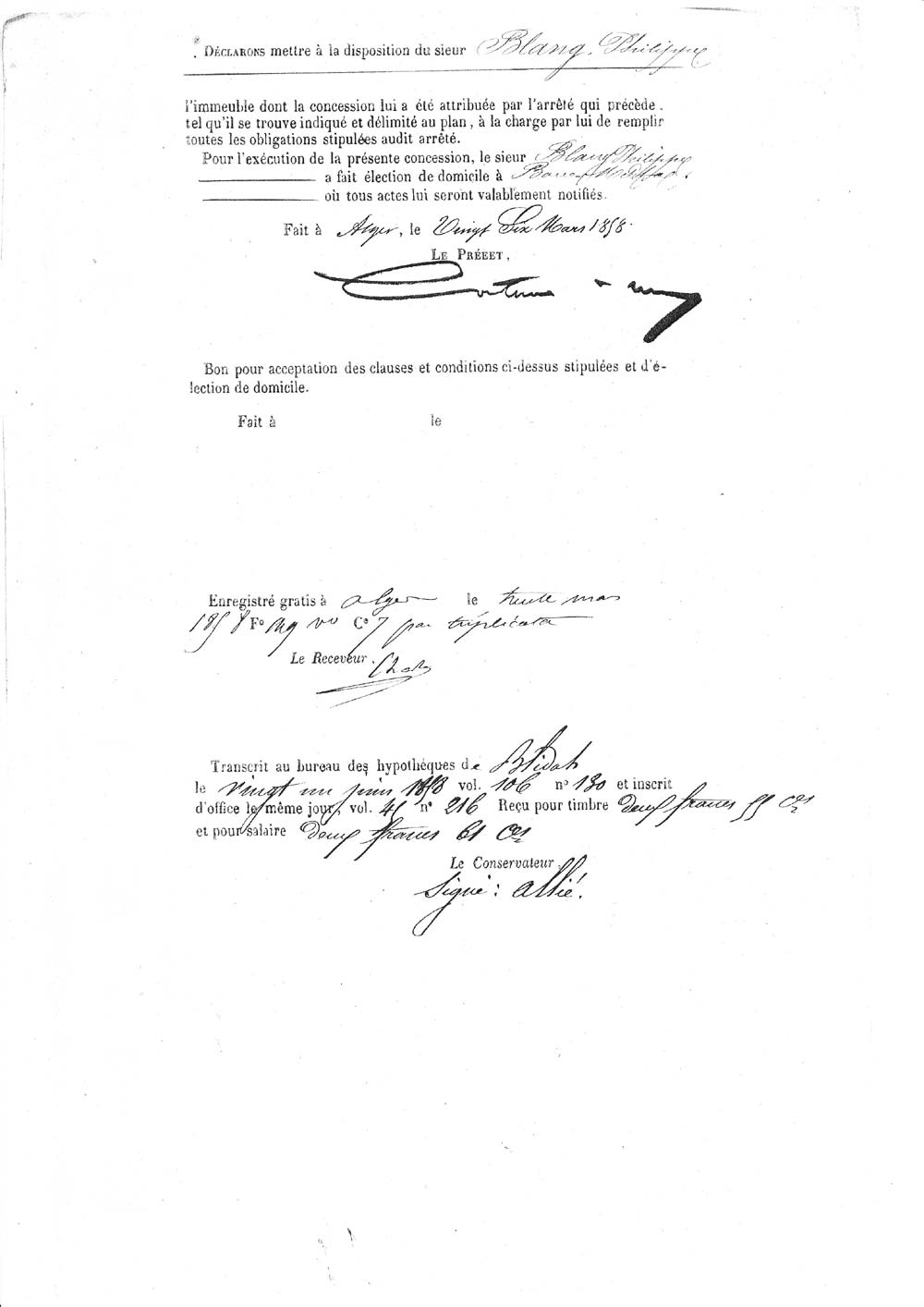 Quatrième page du titre de concession à destination de BLANG Philippe
